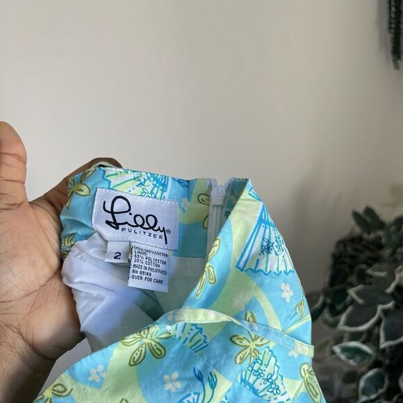 Lilly Pulitzer Vintage Printed Mini Dress 2 Green Japanese Fan Floral Print READ - Picture 5 of 8